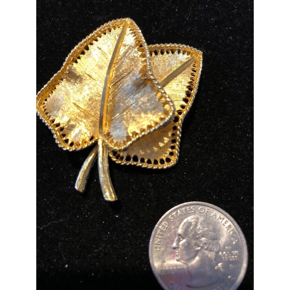 Vintage BSK Textured Gold Tone Leaf Brooch Pin B.S.K. Signed Brushed Finish